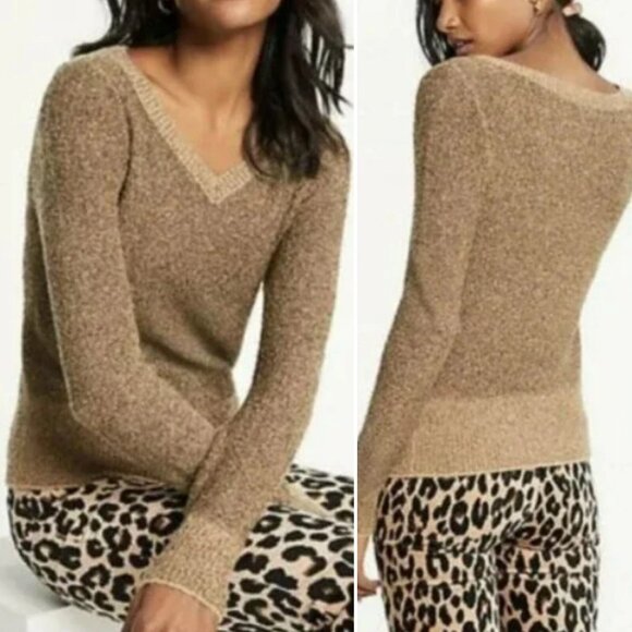 Ann Taylor Gold Metallic Shimmer V Neck Sweater S - Picture 2 of 16